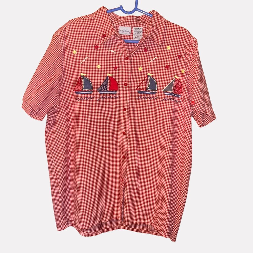 Bobbie Brooks 18W 20W Vintage Red Gingham Sailboat Applique Shirt 90s Coastal